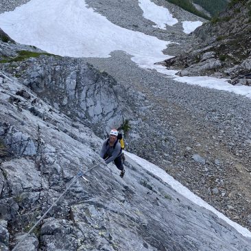 Matt Schonwald following pitch 4 on Voie de Chaise on Chair Peak near Snoqualmie Pass. Photo by Ian Nicholson