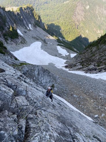 Matt Schonwald following pitch 4 on Voie de Chaise on Chair Peak near Snoqualmie Pass. Photo by Ian Nicholson