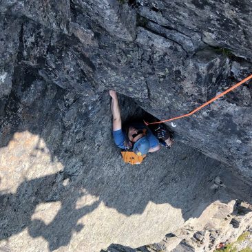 Derek Boiko-Weyrauch following the crux pitch of the Mile High Club on Morning Star Peak.