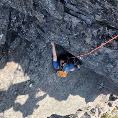 Derek Boiko-Weyrauch following the crux pitch of the Mile High Club on Morning Star Peak.