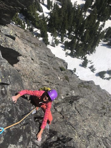 Sara Vavra climbs the crux roof on pitch 5 of the Tooth Fairy. Photo by Ian Nicholson