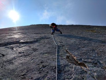 Ian Nicholson leads the immaculate 5.8 splitter crux pitch of True Grit